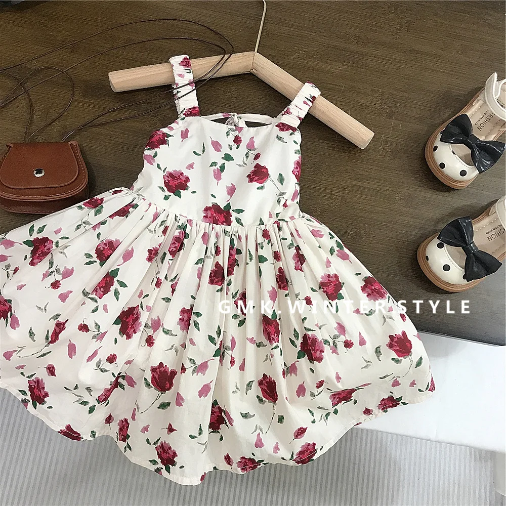 Korean Children Clothing Summer New Girls Retro Rose Flower Dress Children Temperament Camisole Vest Dress
