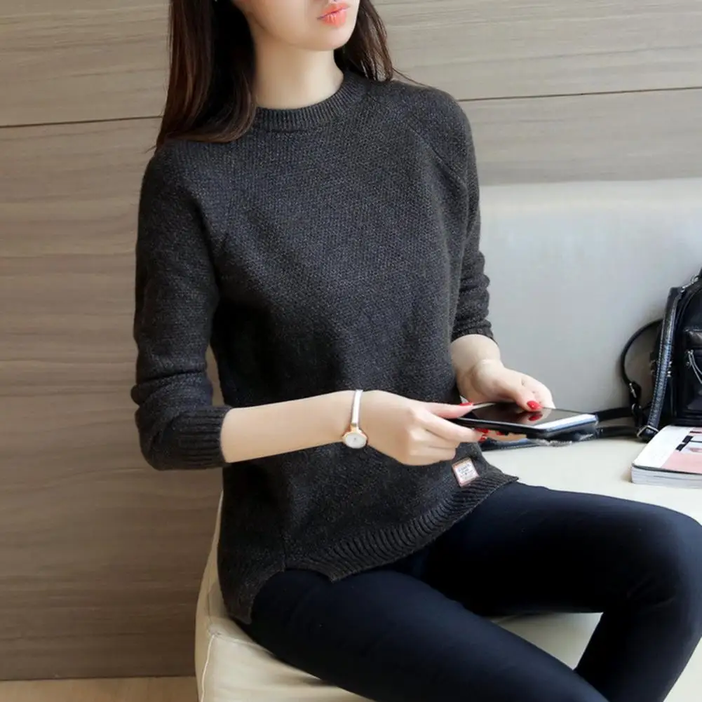 Women Bottoming Tops Round Neck Long Sleeve Slit Hem Knitting Tops Solid Color Loose Fit Autumn Winter Sweater