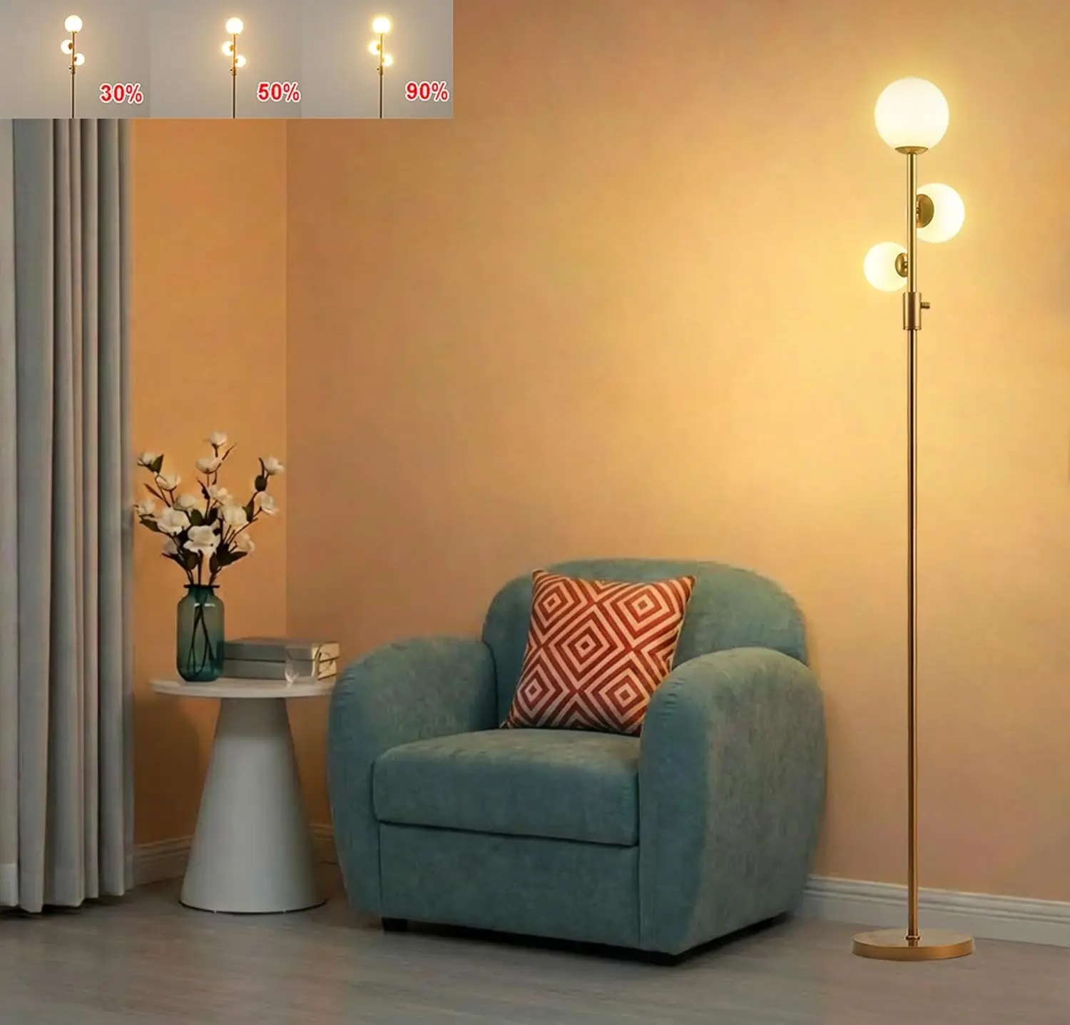 

Напольная лампа с 3 плафонами и регулировкой яркости - Современная золотая напольная лампа с матовым стеклянным плафоном и светодиодными лампами для гостиной