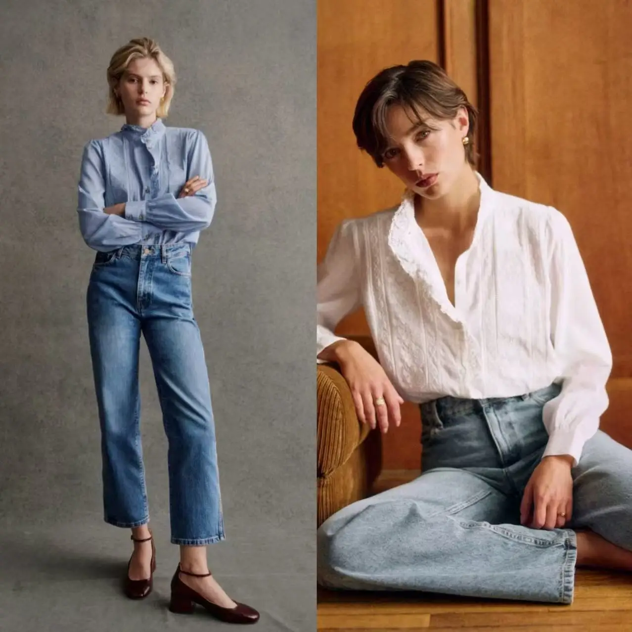 

French Sle Loose Fit Pure Cotton Long Sve Lace Trimmed Ruffle Collar Bubble Sve Blouse Spring Summer New Arrival