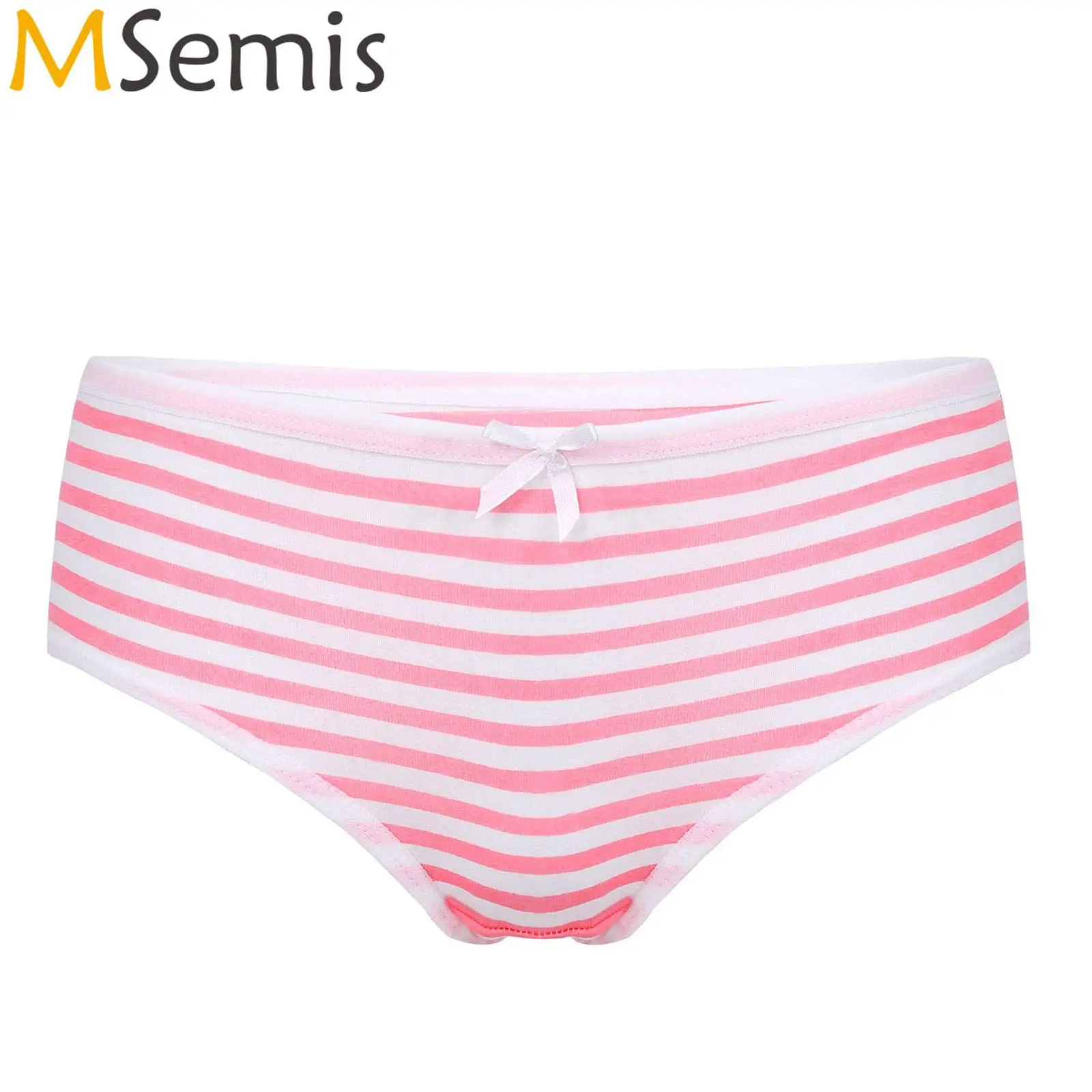 1 Pc Womens Bikini Briefs with Ribbon Bowknot Navy Style Stripe Panties Middle Waist Cotton Undergarment Underwear Underpants