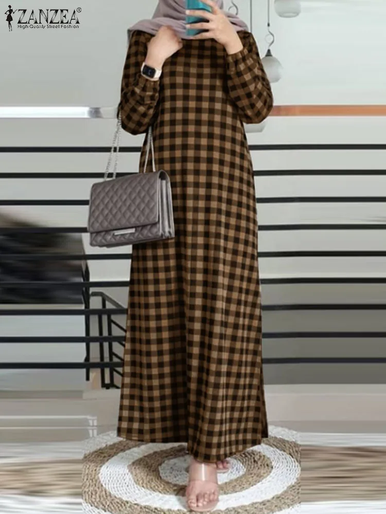 ZANZEA Long Sleeve Women Checked Vestidos Islamic Hijab Muslim Fashion Autumn 2024 Side Slit Abaya Robes Casual Loose Maxi Dress