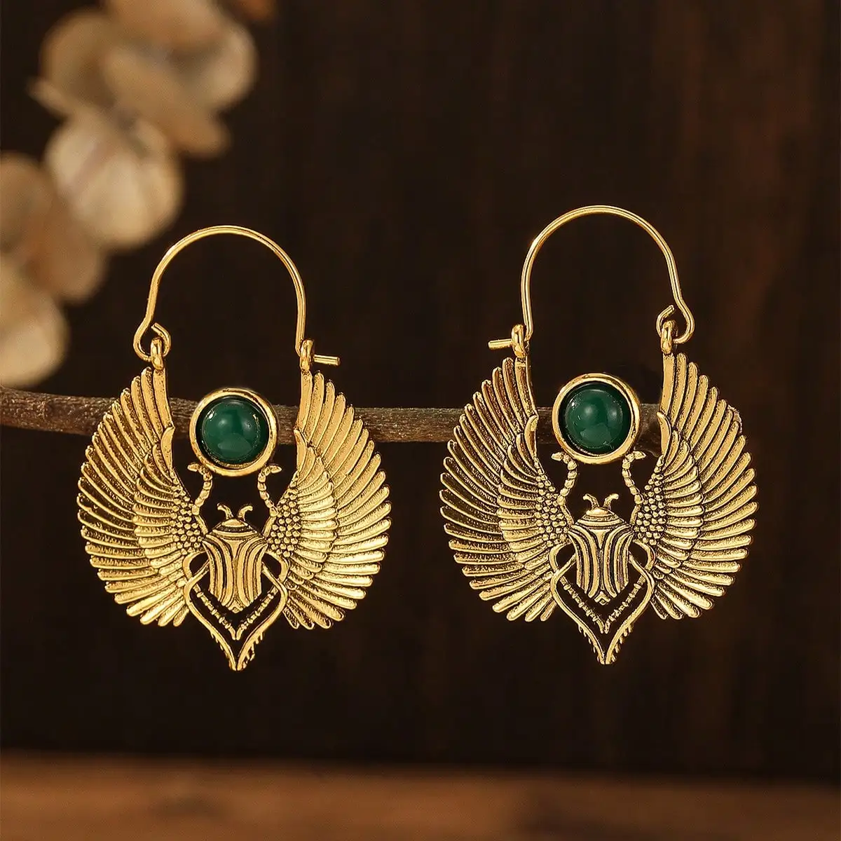 Vintage Egyptian Inspired Designs Sacred Wings Scarab Large Hoops Earrings Gypsy Tribal Women Gold Color Earrings Party Gift