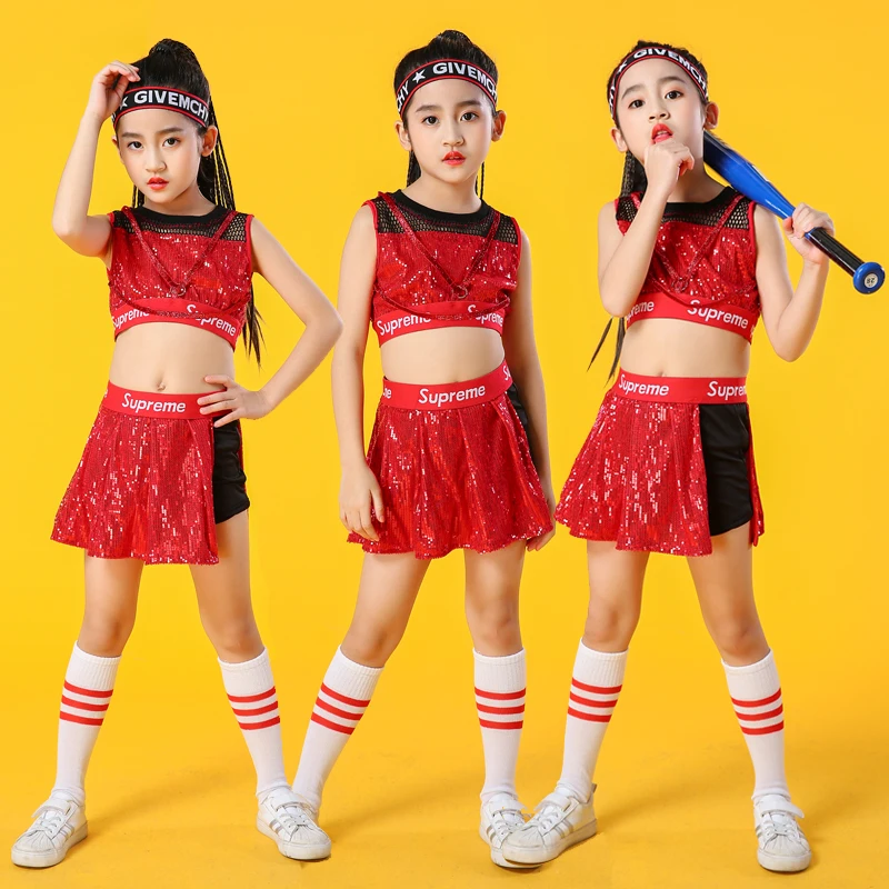 Bambini Stage Dancewear Kid Hip-Hop Red Hip Hop Jazz Dance Costume Suit Paillette Modern Dress Girl Cheerleading Clothes