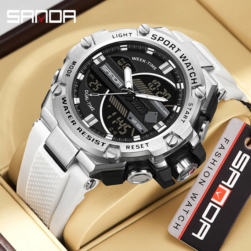 

SANDA Top Brand Outdoor Sport Stopwatch Watch Waterproof Digital Watches 2Time Calendar Led Light Original Clock Mens Wristwatch