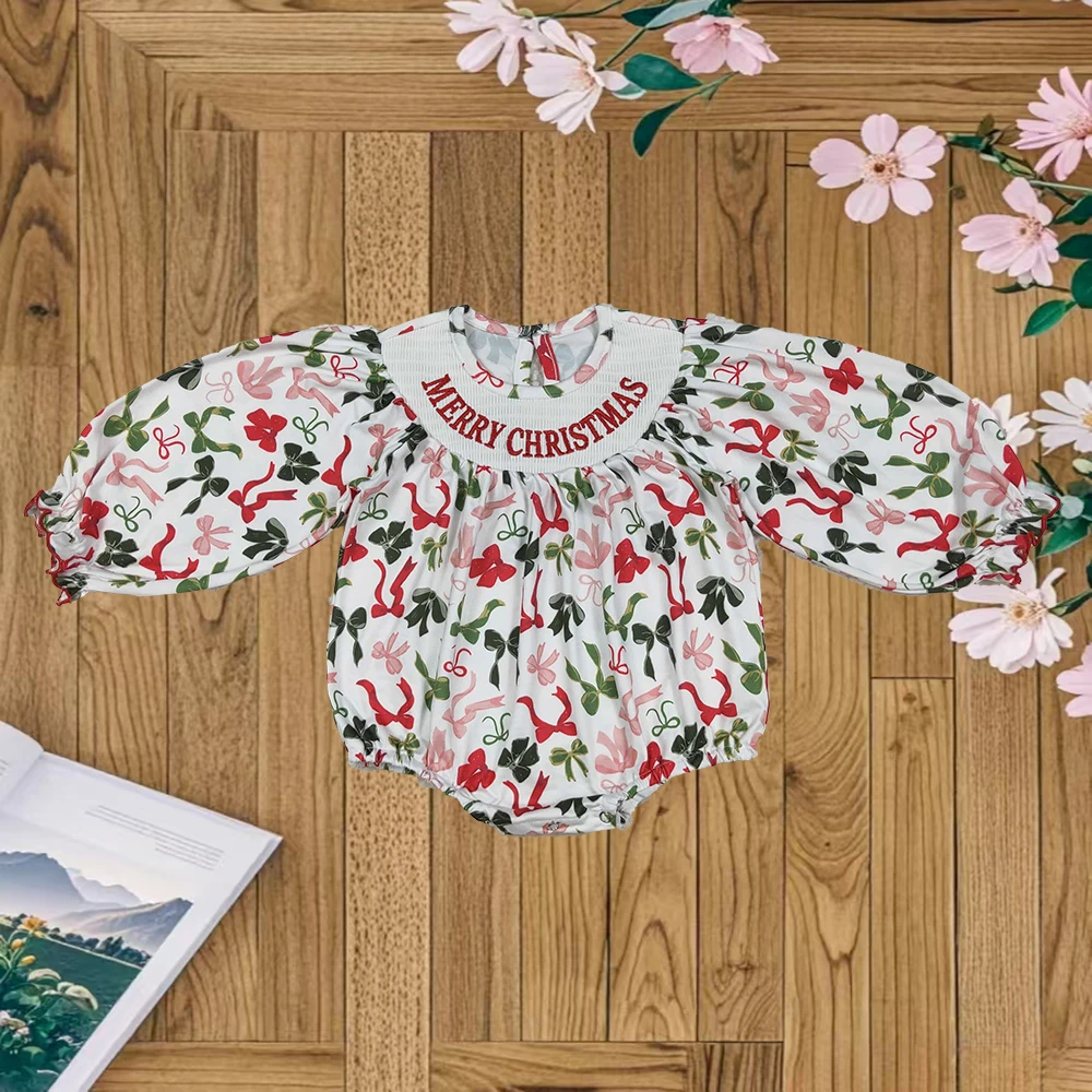 

Baby Winter Rompers Baby Girls Smocked Embroidery Merry Christmas Colorful Bows Rompers