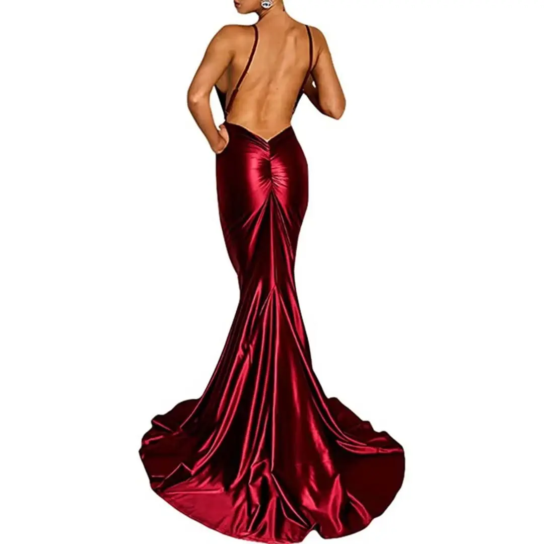 

High-end Party Dresses Deep V Neck Slim Backless Sexy Satin Mermaid Trailing Gowns for Party Pageant Prom Cocktail Evening Gown