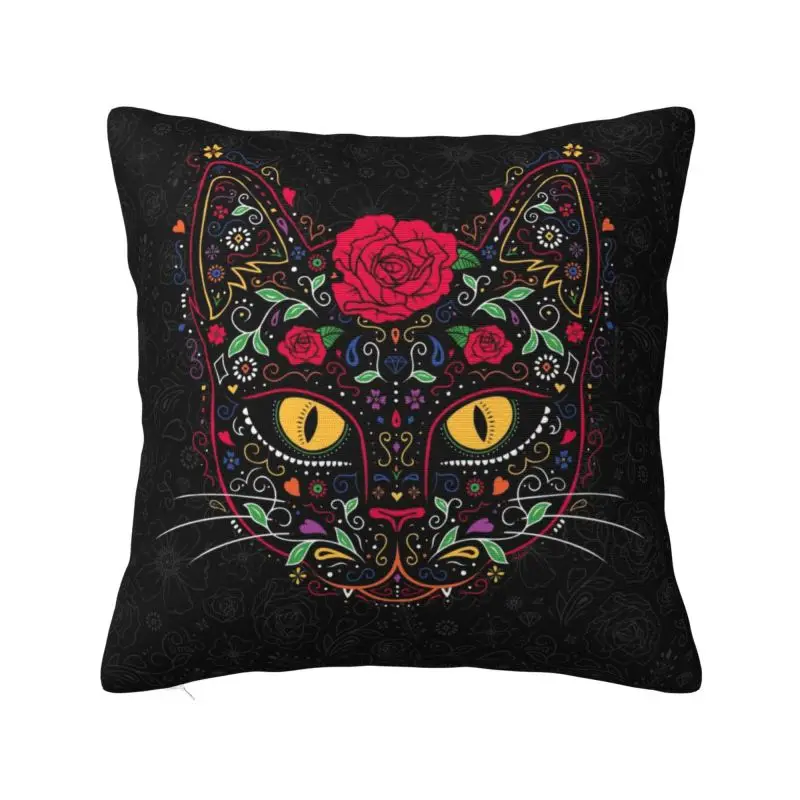 Day Of The Dead Kitten Cat Sugar Skull Throw Pillow Sofa Mexican Halloween Floral Luxury Cushion Cover Square Pillowcase