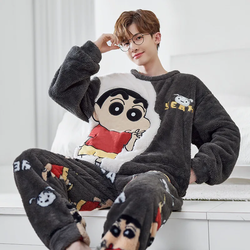 Naruto Coral Velvet Pajamas Men Winter Thickened Flannel Home Clothes Suit Cartoon Anime Sasuke Round Neck Sleepwear Set Male