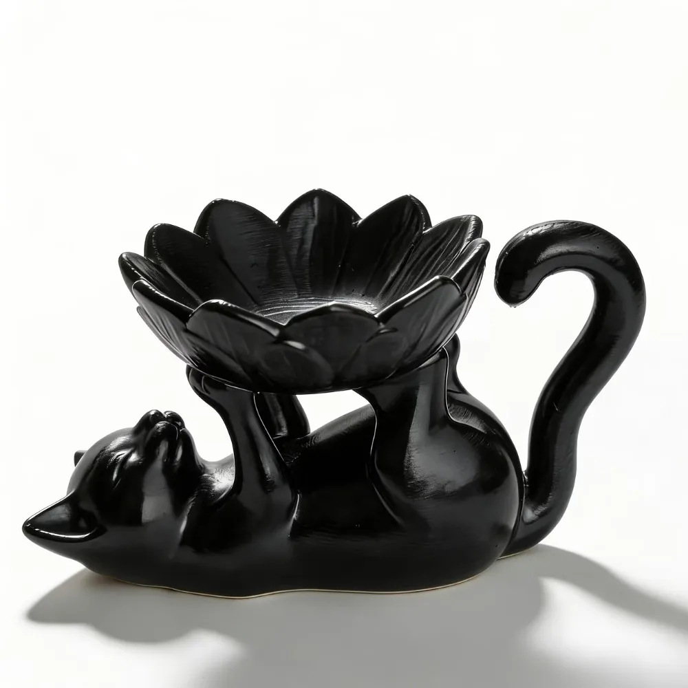 3D Printed Cat Lotus Jewelry Tray Cartoon Cat Holding Lotus Lying Cat Trinket Dish Stable Base Waterproof