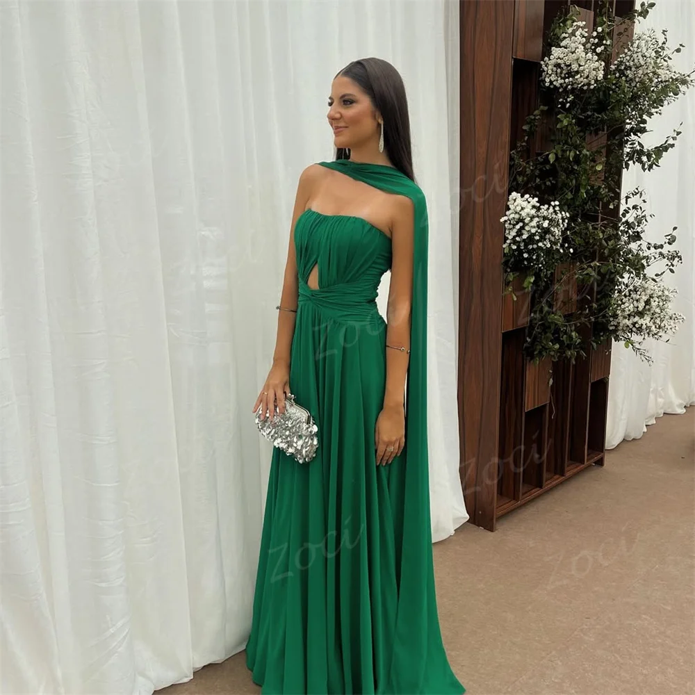 Zoci Strapless Green A Line Evening Dresses Customized Pleat Chiffon Women Prom Gown Shawls Cut Out Formal Party Birthday Dress