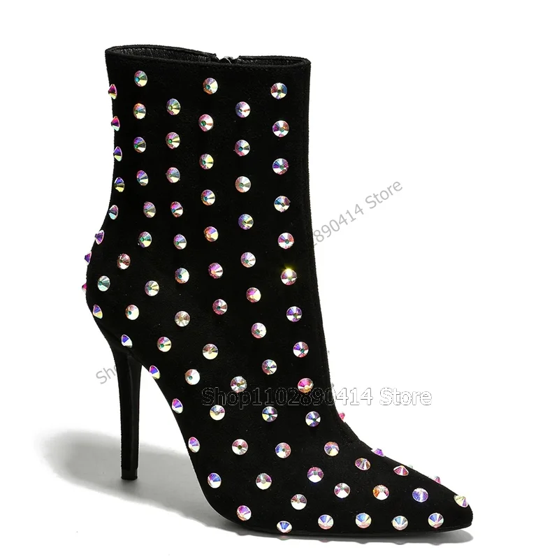 Colorful Crystal Decor Pointed Toe Mid Calf Boots Side Zipper Women Shoes Thin High Heels Fashion Party 2023 Zapatos Para Mujere