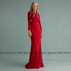 Elegant Red Mother of The Bride Dress Boat Neck 3/4 Sleeves Big Flower Sweep Train Mermaid Party Dresses Arab Wedding Guest Gown