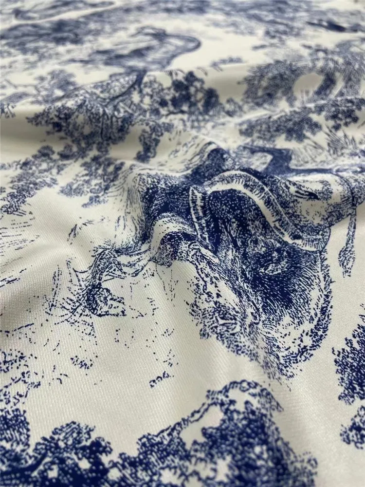 Blue white porcelain elastic twill Satin silk fabric shirt dress printed of animals family Stretch Fabrics Sewing Cloth by Meter