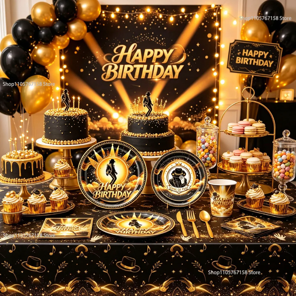 Neue Michael&Jackson-Fan-Partyartikel Retro-Musik Geburtstagsdekoration Ballons Banner Kuchen Einweg-Papiertablett Party-Hintergrund