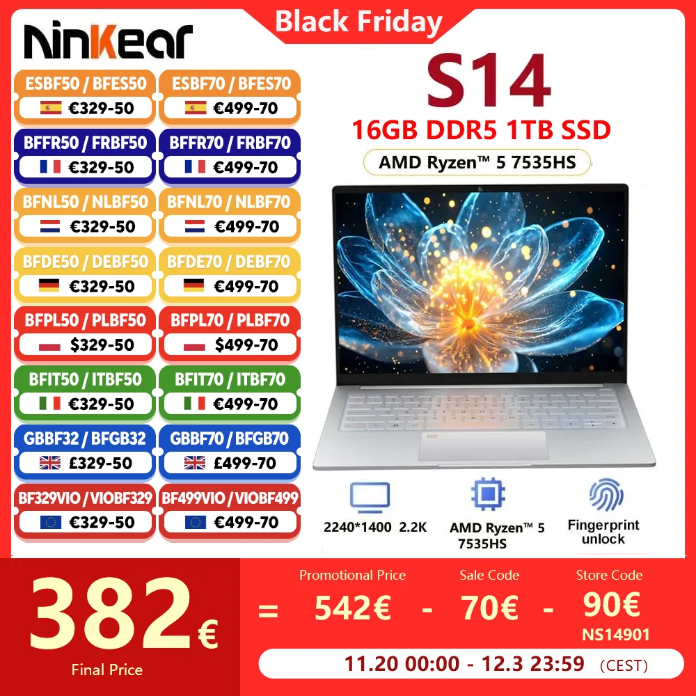 تابلت نينكير S14 للكمبيوتر المحمول AMD Ryzen ™   5 7535HS 14 بوصة 16GB LPDDR5 1 تيرا بايت SSD كمبيوتر محمول واي فاي 6 يدعم التعرف على بصمات الأصابع