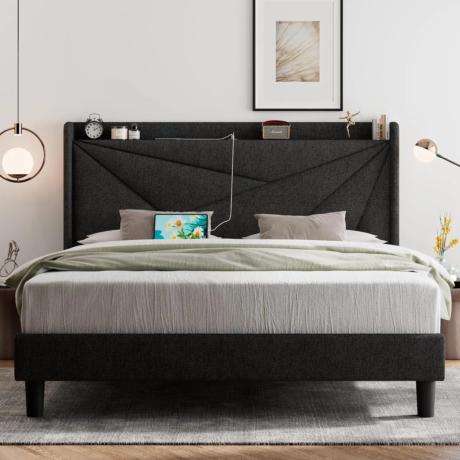 Queen Bed Frame with Type-C & USB Ports, Upholstered Platform Bed Frame with , No Box Spring Needed, Noise-Free, Charcoal Gray