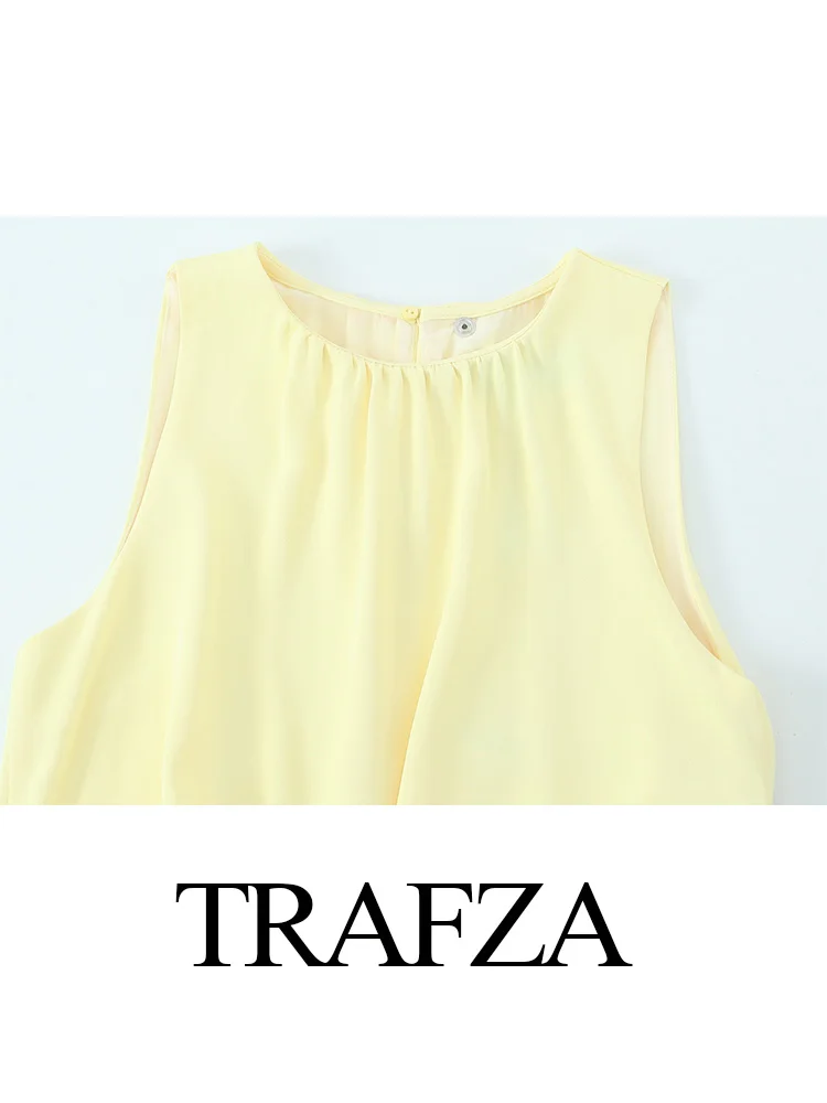 TRAFZA Summer Women Fashion Holiday Style Dress Fold Decoration Sleeveless Split Hem Women's Solid O-Neck Long Dresses 2025