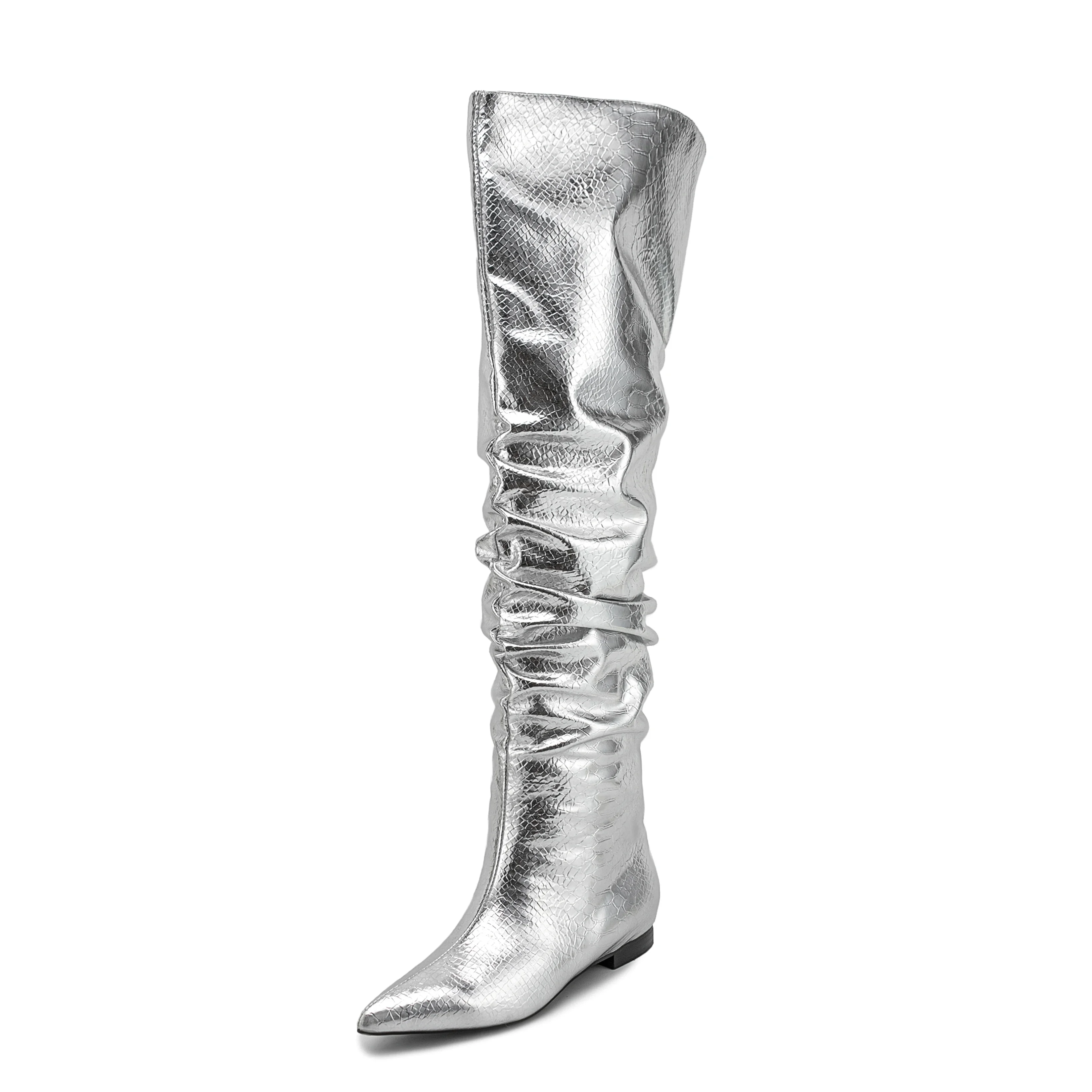 New Arden Furtado 2024 Silver Metal Leather Knee High Boots Women Pointed Toe Pleated Slip-on Flat Heel Knee High Boots Low Heel