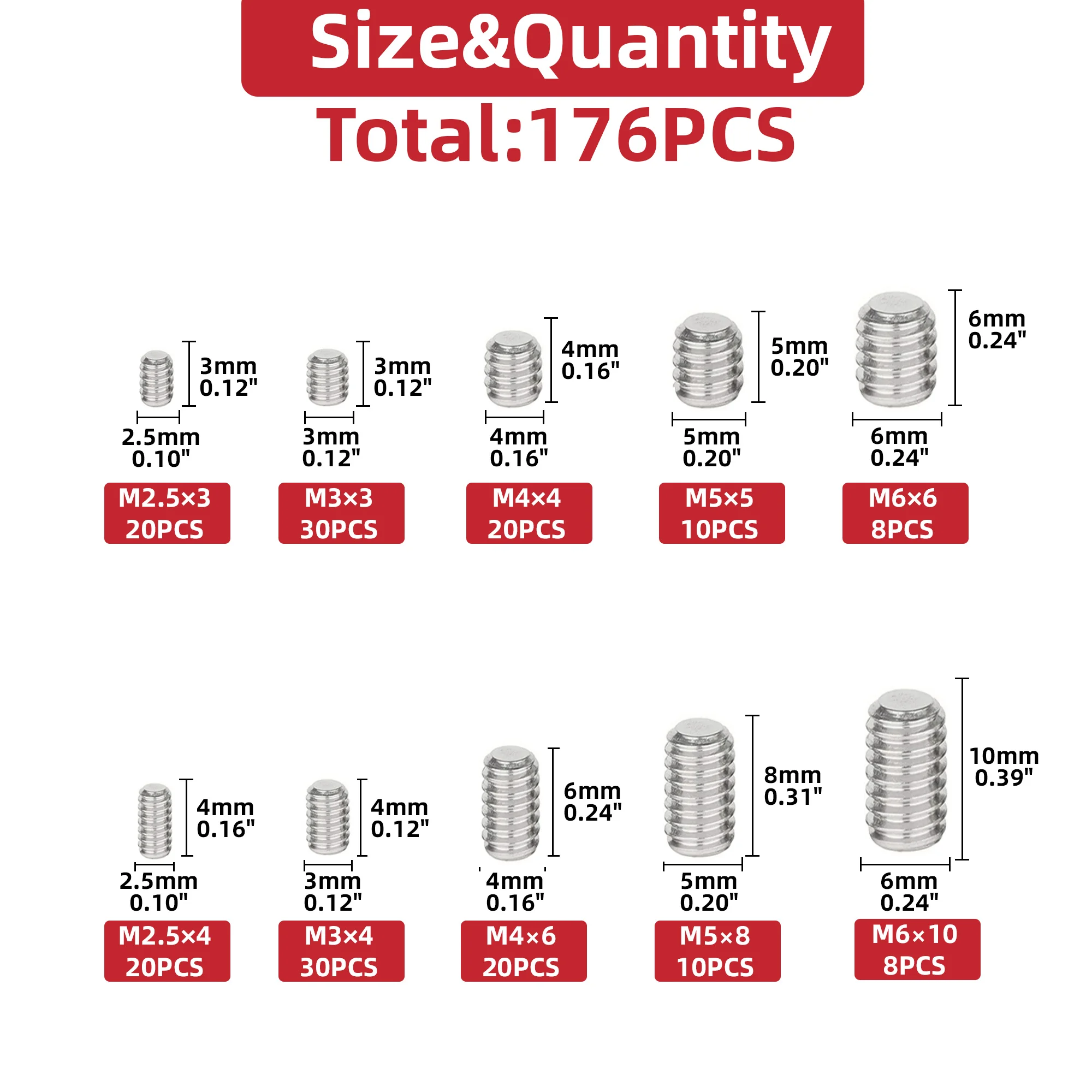 176Pcs M2.5, M3, M4, M5, M6 Metric Hex Socket Head Cup Point Set Screws, 304 Stainless Steel Allen Head Grub Screw, Internal Hex