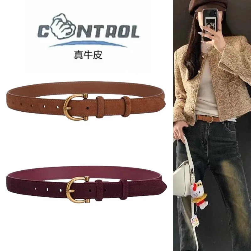 حزام من الجلد الطبيعي، بسيط وعصري، متعدد الاستخدامات وعصري للنساء، مع حزام من الدنيم المزخرف #3