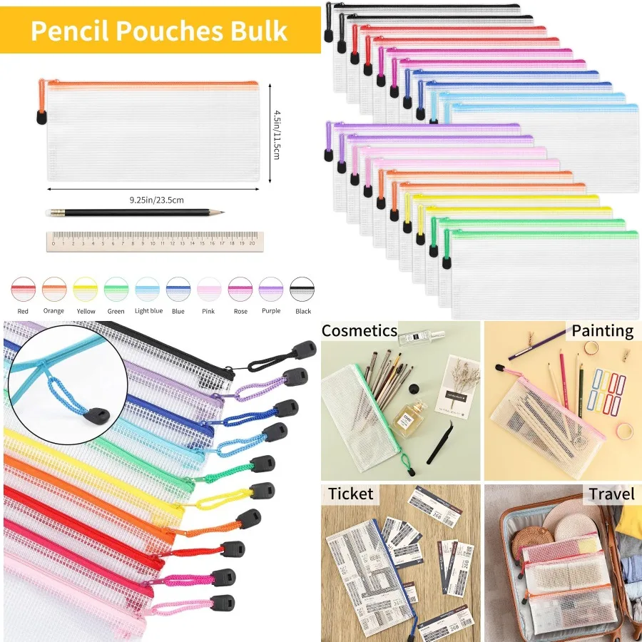 

EOOUT сетчатая сумка на молнии, 20 шт., 9,5x4,5 дюйма, маленькие сумки-органайзеры 10 цветов для хранения в путешествиях и хранения офисных принадлежностей