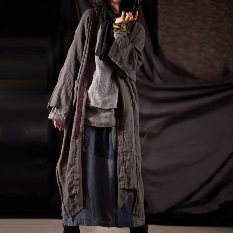 

Spring Autumn Style Women Vintage Patchwork Design Long Coat Cotton Linen Hand Stitch V-neck Open Stitch Trench High Quality