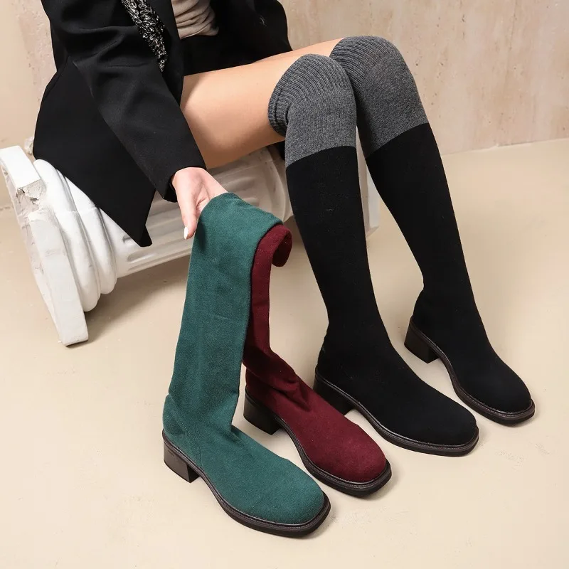 Knee Over Elastic Boots for Women in Spring and Autumn, Versatile and Slimming Shoes with Thick Heels
