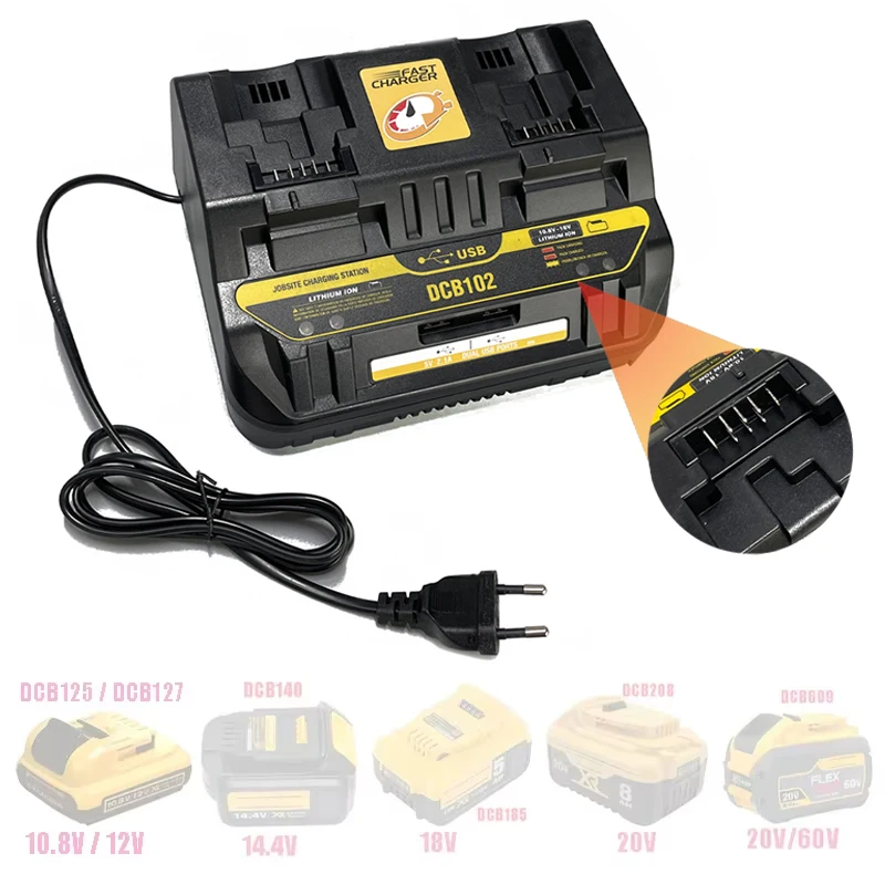 NEW Fast charging DCB102 Li-ion Battery charger For DeWalt 12V 14.4V 18V 20V DCB105 DCB200 double charging postion with USB Port