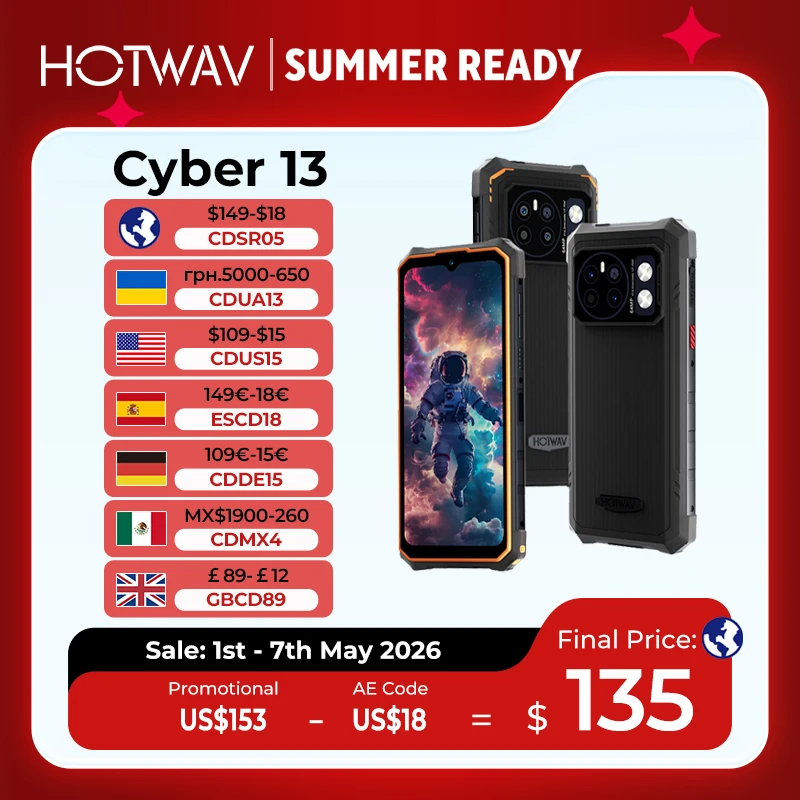 HOTWAV Cyber 13 Rugged Phone 10800mAh Massive Battery 8GB 128GB Smartphone 150LM Flashlight 6.6'' HD+ 64MP Android 14 Cellphone