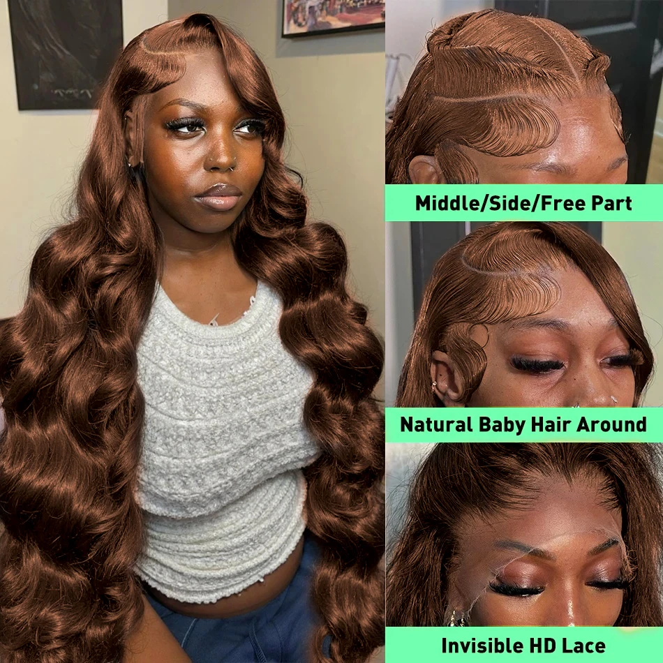 Parrucche frontali in pizzo 13x6 HD dell'onda del corpo Parrucche frontali in pizzo colorato Onda d'acqua Capelli umani 220 Densità Marrone cioccolato 13x4 Parrucca anteriore in pizzo per capelli umani