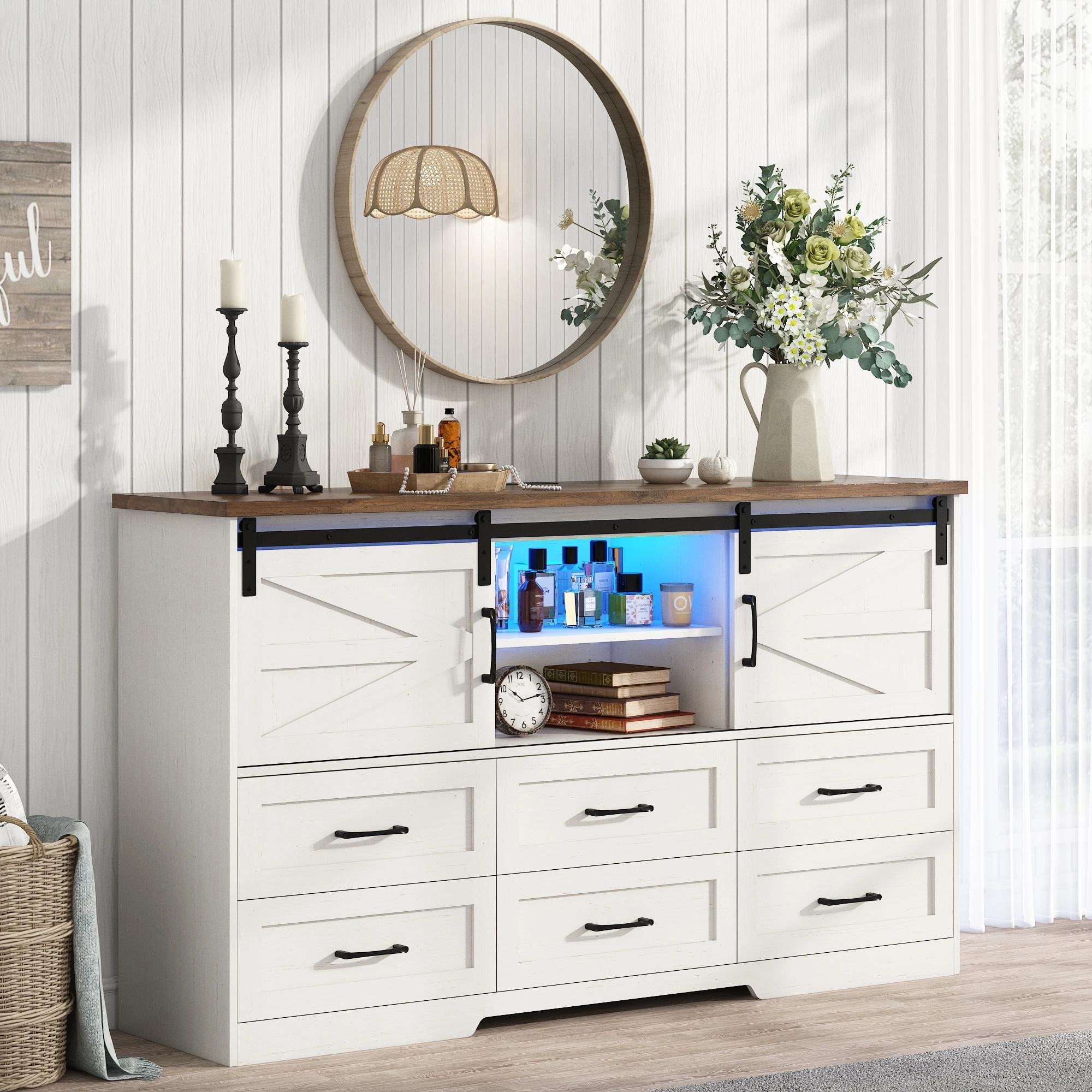 Storage Cabinet with Drawers & Open Shelf Farmhouse Organizer with Sliding Barn Doors & Charging Station for Bedroom Living Room