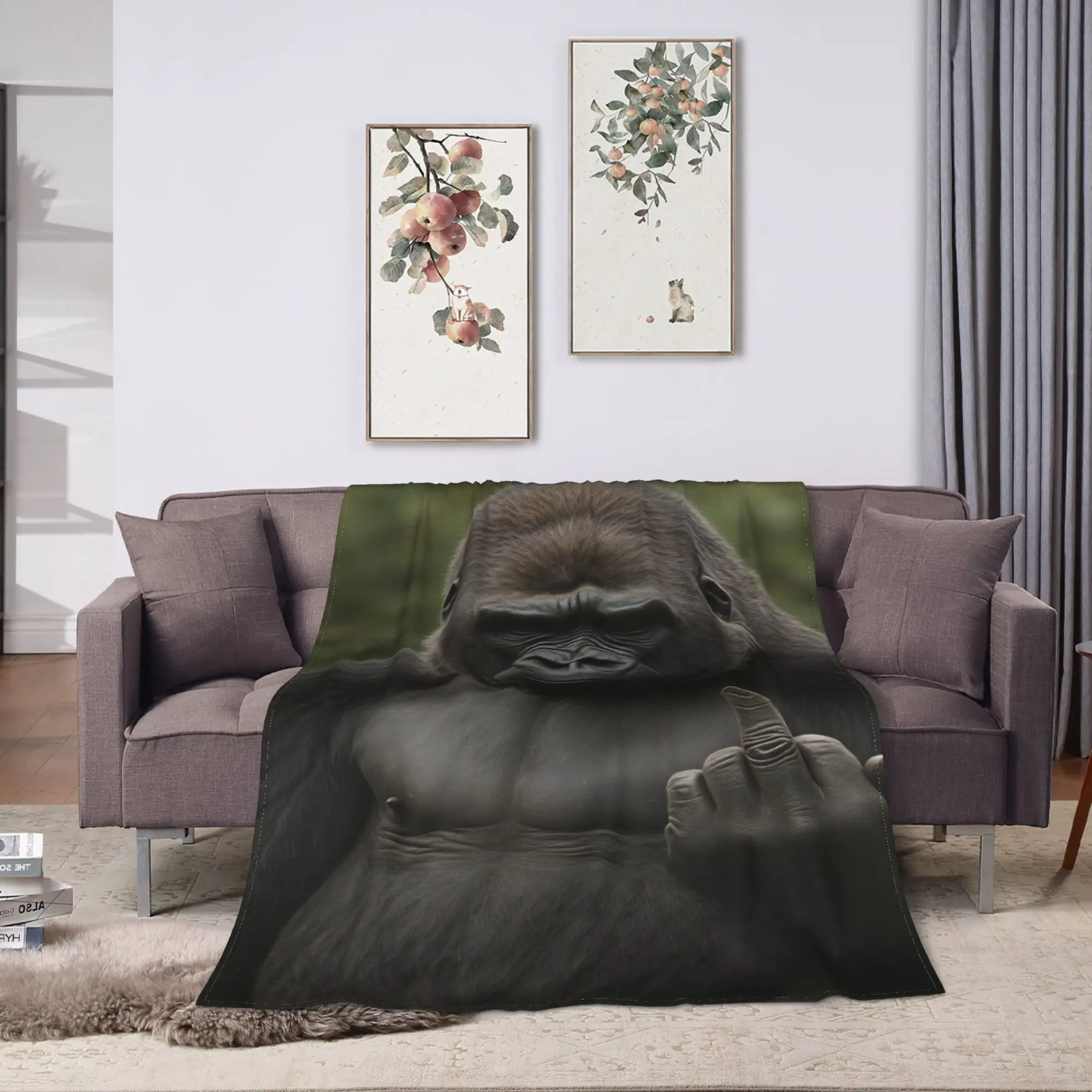 Gorilla Middle Finger  Flannel Blanket  Super Soft Bedding Throws for Bedroom Camping Graphic Bedspread Sofa Bed Cover
