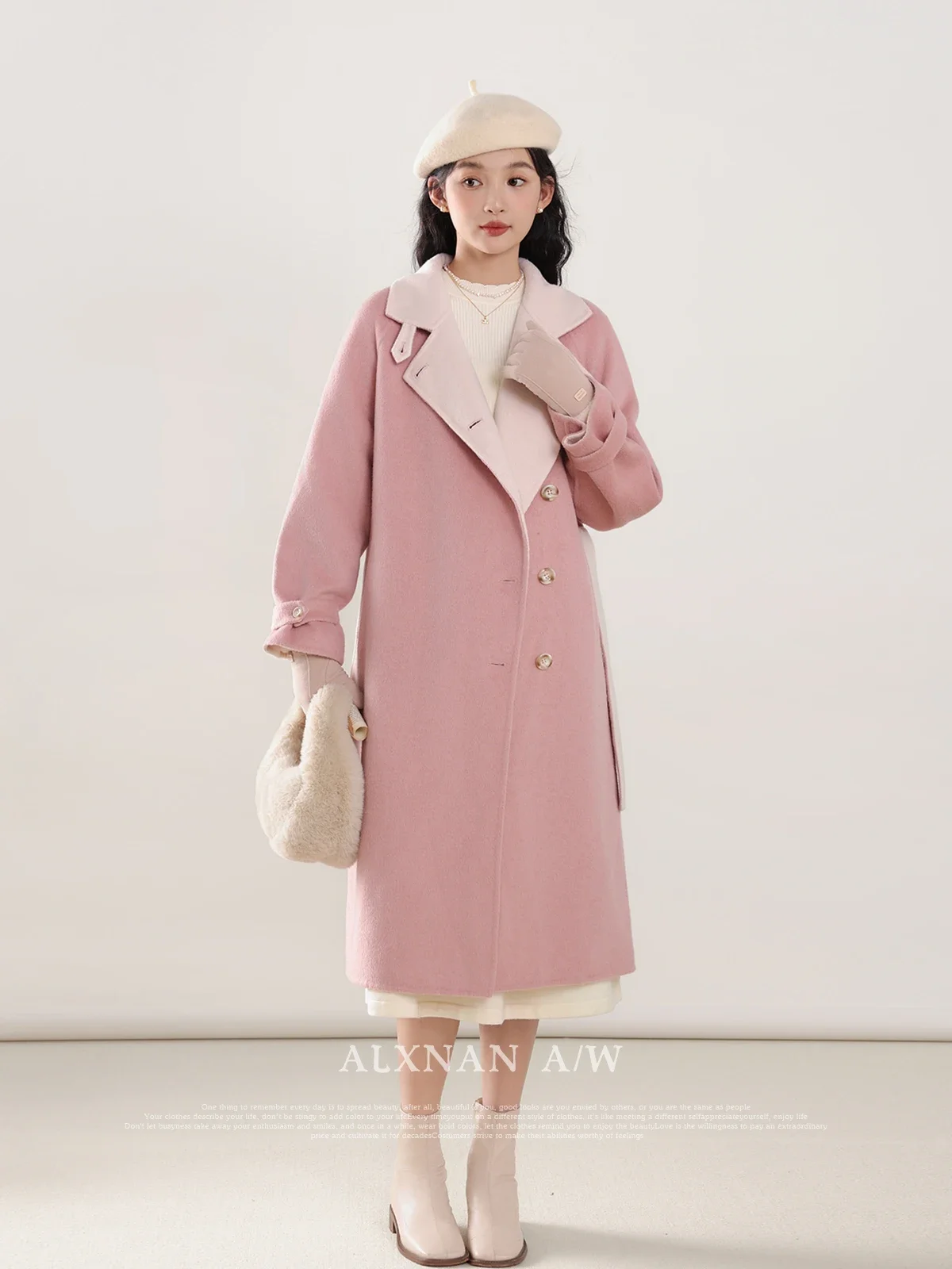 

ALXNAN Autumn Winter Pink Woolen Coat for Women 2024 Sweet Single Breasted Straight Long Sleeve Warm Overcoats Female LXN32018