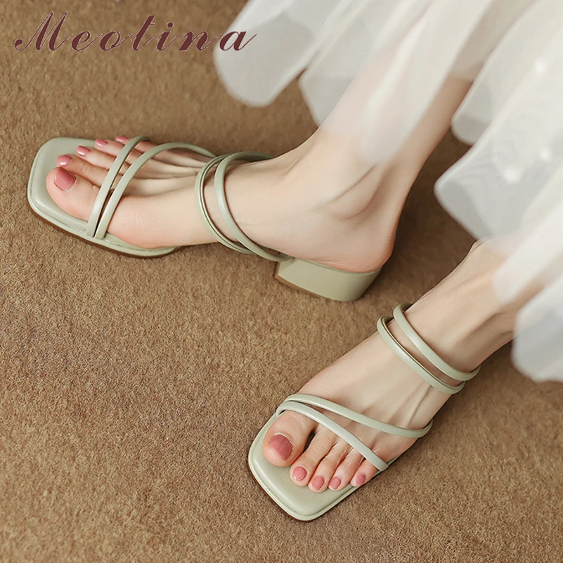 Meotina Women Slides Square Toe Block Mid Heel Sandals Narrow Band Ladies Fashion Casual Slippers Summer Spring Shoes Green