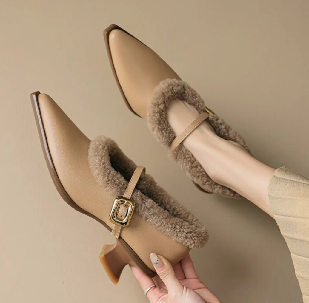 Elegant Metal Buckle Mary Janes Woman Chic Brand Design Fur Women Low Heel Dress Shoes Ladies Winter Warm Plush Belt Pump Zapato