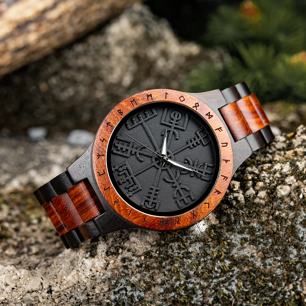 BOBO BIRD Watches For Man Viking Odin Rune Men Quartz Wristwatches Cultural Totem Dail With Wooden Strap reloj de hombre