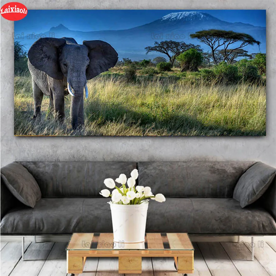 

DIY round square diamond Elephant Animal Mount Kilimanjaro Landscape embroidery pattern cross stitch kits 5d diamond painting