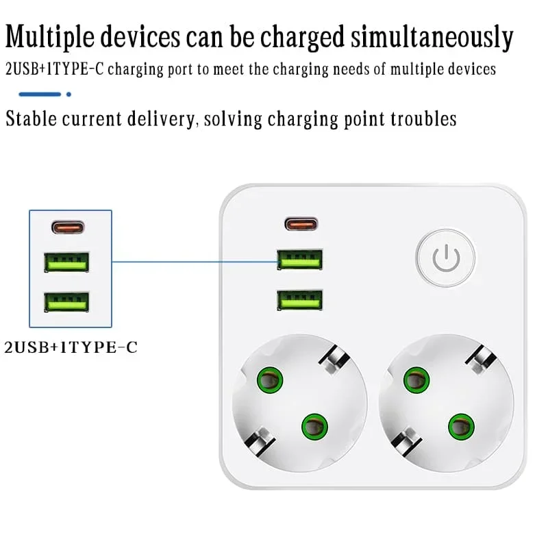 EU Plug Outlet 2 Sockets Multitap Wall Power Strip Electrical Socket No Extension Cord with 2 USB 1 Type-C Ports 2500W MAX Power