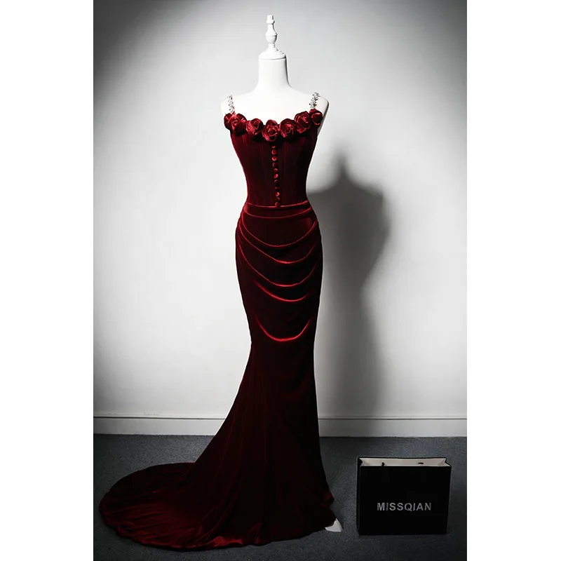 High Quality Sling Shiny Wine Red Bridal Wedding Party  Toast Dress