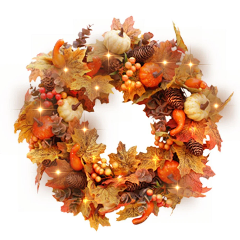 40cm Fall Wreath for Front Door Artificial Pumpkins Wreath with LED Light Autumn Wreath with Maple Leaf,Pumpkins and Berries