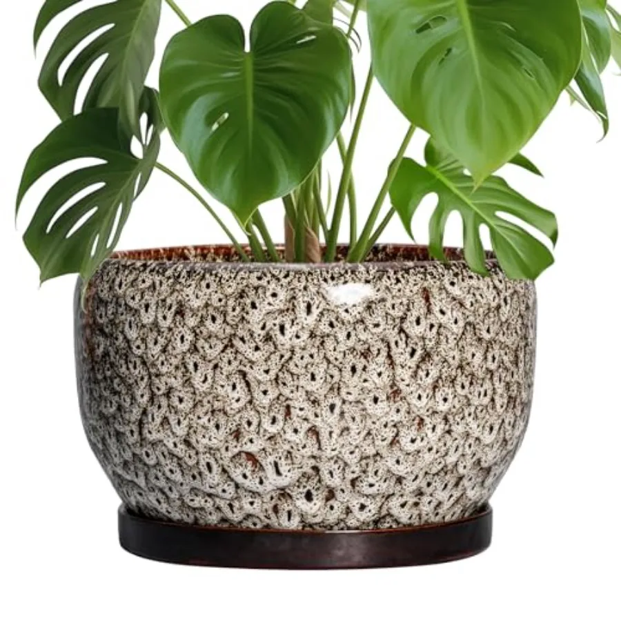 

Ceramic Plant Pots - Planter for Indoor Plants Outdoor, Large Flower Pots with Draage Hole and Saucer, Decorative Round Planter