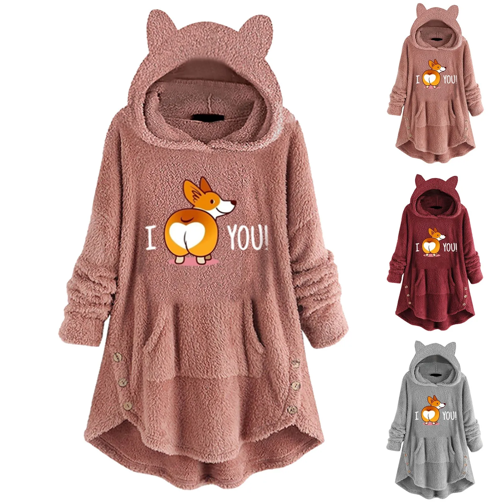 Ladies Pocket Cat Ear Hoodie Fleece Sweatshirt Button Classic Cute Printing Female Sweatshirt Hoodies For Women Bluza Damska