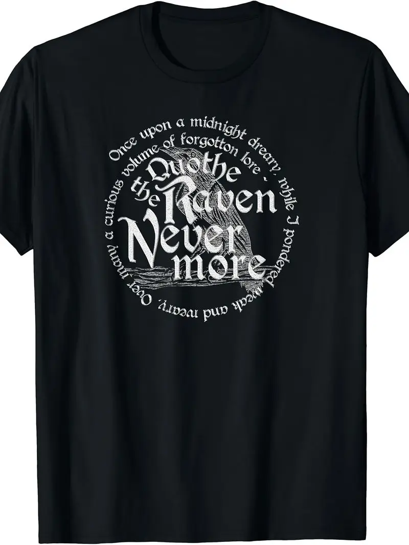 Quoth The Raven Nevermore Edgar Allen Poe Graphic Art Shirt Literary Style Tee Casual Short Sleeve Top For Daily Wear Outdoor