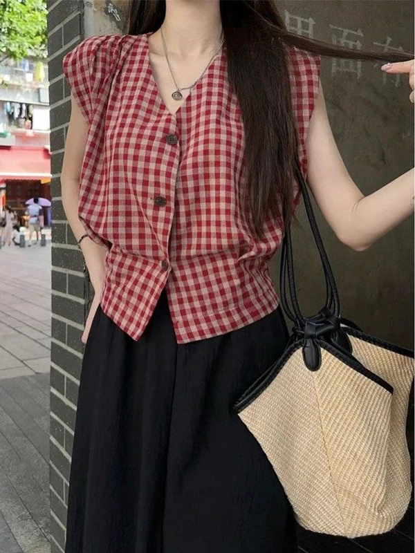 

Retro Plaid Svel ort irt Women's Summer Outerwear Design Sense Waist-Cut V-Ne Button-Up Top for Busin Commute