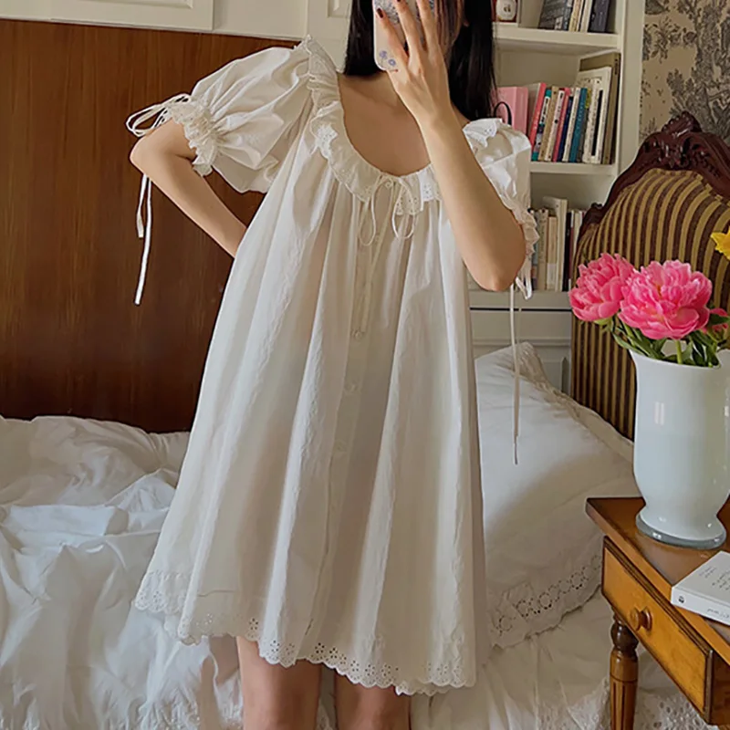 

French Girl Sweet Princess Style Retro Cotton Cute Short Sleeved Loose Nightgown Women Pajamas Outside Summer
