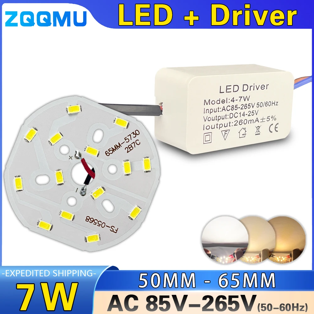 7W LED Lamp Board 50mm 65mm AC85 265V Warm White Neutral White LED PCB Panel for DIY Ceiling Light Fixture Replacement Module