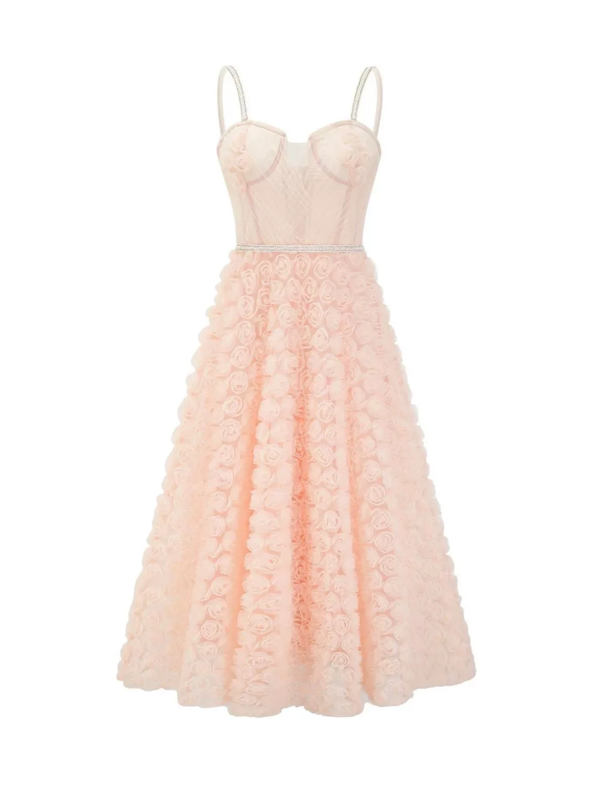 

Temperamental lady suspender long dress rose three-dimensional embroidery dress high waist sweet dress-GZXX516