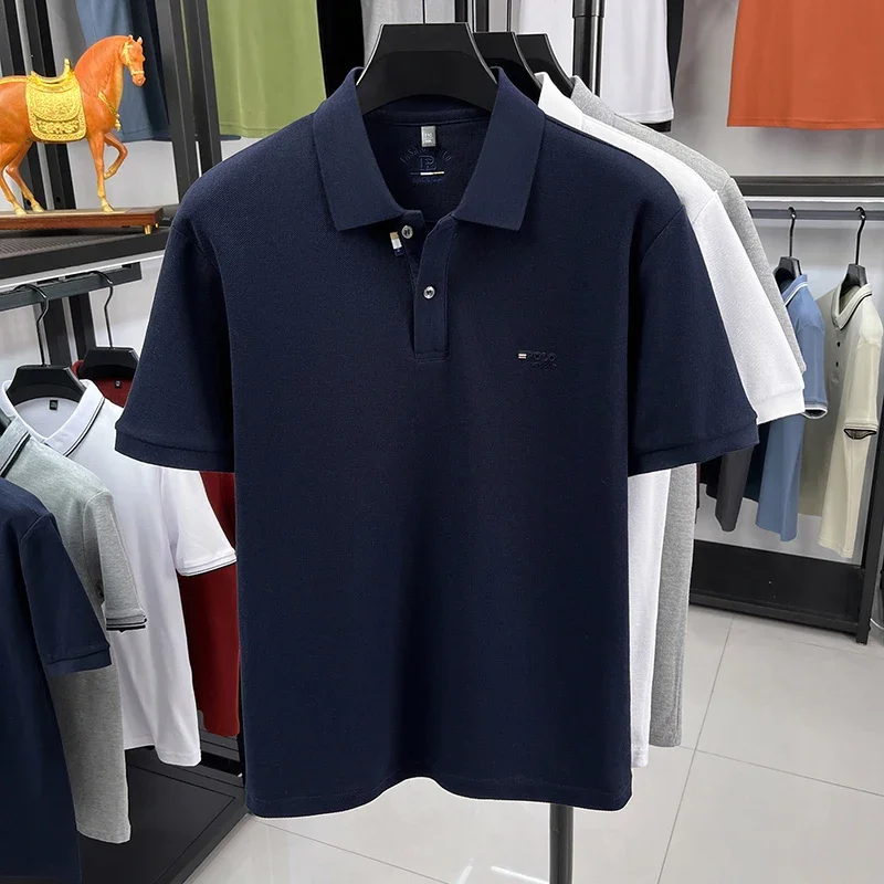 Premium pique knit polo tee men lapel single button collar letter embroidery elastic anti wrinkle office walking daily top