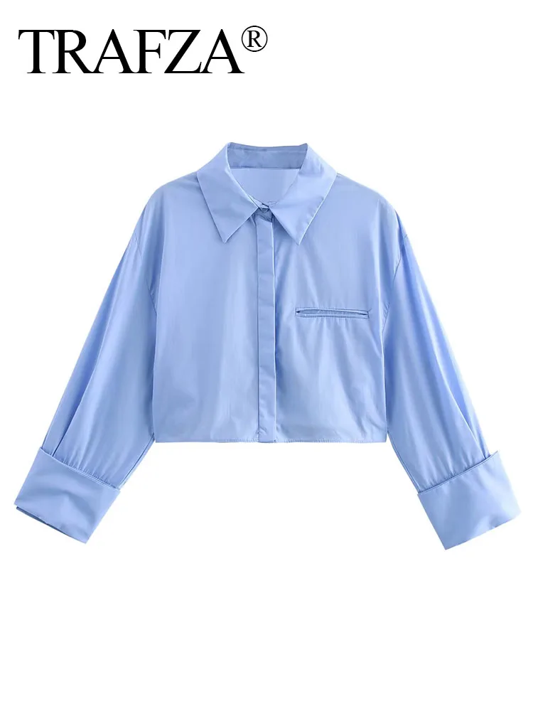 TRAFZA Female Spring Elegant Pocket Turn Down Collar Long Sleeve Back Hollow Belt Button Shirt Female High Street Shirt Mujer